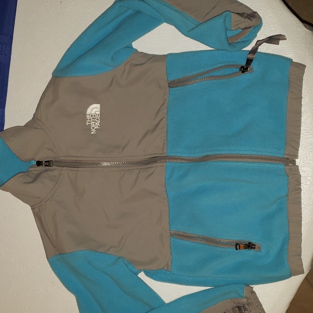 The North Face full zip fleece sweatshirt, gray and aqua blue size 7/8